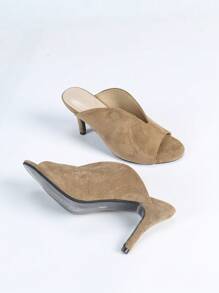 Sandálias femininas de salto alto fino, bico aberto e recorte em V, na cor cáqui, para a primavera/verão. - Caqui - Ver 2