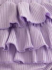 Conjunto infantil feminino 2 peças/conjunto blusa manga curta roxa e calça pantalona com babados, verão - Roxo Malva - Ver 5