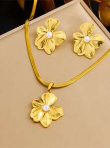 1 Set Antique Gold Plated Asymmetrical Flower Pearl Decor Stainless Steel Earrings & Necklace Jewelry Set - Flowers - View 13