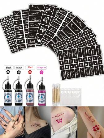 纹身模板和染料套装（纹身模板 + 纹身染料凝胶） - 多图案临时纹身套装，适合男性和女性，手指、手腕、肩膀、颈部、锁骨、身体艺术、防水、仿纹身模板