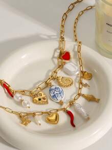 1 件时尚不锈钢珍珠心形项链，高品质定制钛钢锁骨链