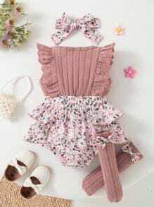 Summer Baby Girl Cute Pink Ditsy Floral Cap Sleeve Romper & Bow Socks & Headband Set
