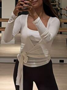 Women Y2k Long Sleeve Workout Tops Cross Wrap Tie Tops Sexy Deep V Neck Bandage Surplice Wrap Crop Top Solid Color Casual Slim Fit T-Shirts Fitness Gym Yoga Athletic Blouses Tops Sportswear Dance Ballet Dancewear - 白色 - 查看 3