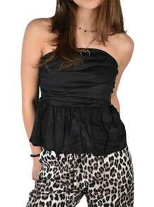 Women's Summer Slim Tube Tops Solid Color Bandeau Ruched Low Cut Peplum Tops For Party - Black - View 1