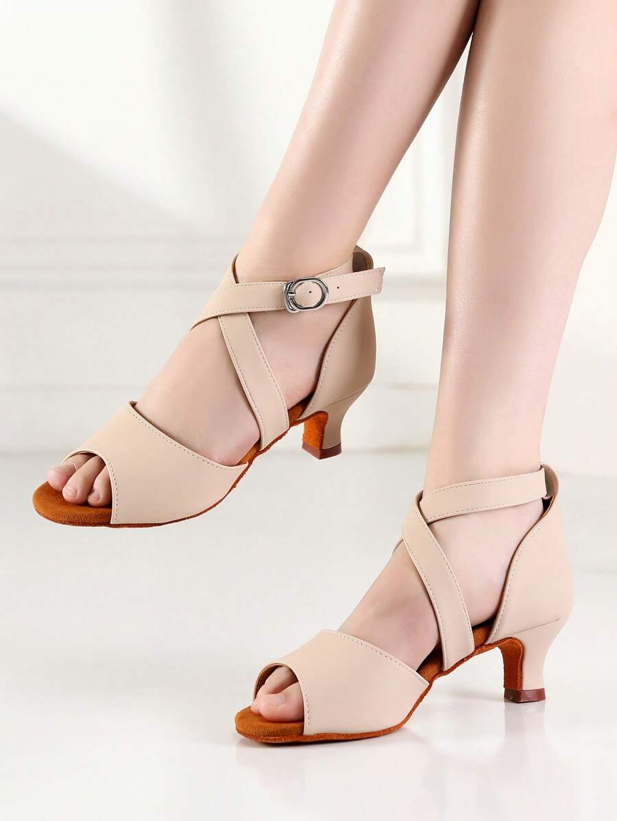 Zapatos de baile latino profesional para mujeres con correa de tobillo, tacón medio, suela suave y cómoda para bailar salsa, baile de salón, tango, con gran hebilla decorativa