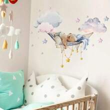 BR1206Q Schattige slapende beer in wolken zelfklevende muursticker, geschikt voor het decoreren van woonkamer, slaapkamer en bank, zelfklevende muursticker, lentedecoratie om uw huis op te frissen, Rama muurdecoratie sticker
