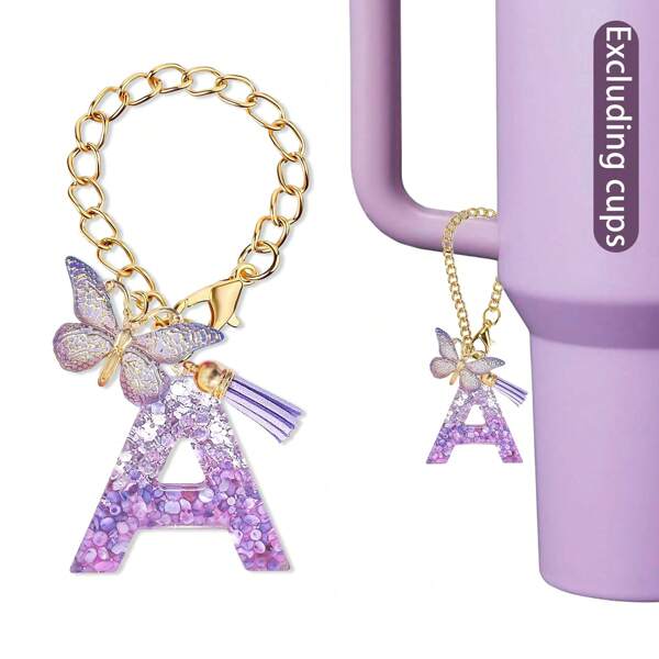 Tazza con manico, accessorio charm a forma di lettera farfalla, charm porta-chiavi con iniziale dalla A alla Z, charm carino con farfalla e nappina, forniture per il ritorno a scuola