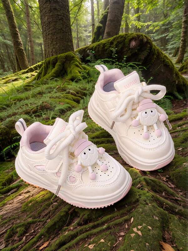 Kids White Sneakers 2025 Spring & Autumn New Cartoon Decor Low-Top Casual Shoes, Korean Style Boys Girls Breathable Sports Shoes