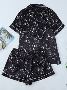 2 件套舒适黑色小猫翻领单排扣短袖口袋上衣和蝴蝶结短裤女式睡衣套装，适合家居服，春夏季，两件套 - 黑色 - 查看 2