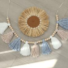 1pc Handmade Bohemian Style Blue Khaki White Yarn Tassel Flower Wreath Banner, Suitable For Atmosphere Decor, Room Decor, Wall Decor