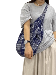 Geantă de umăr cu model carouri albastre, geantă crossbody pentru femei, practică minimalistă ocazională, geantă pliabilă de capacitate mare, țesătură ușoară, moale, multifuncțională, design cu fermoar, potrivită pentru muncă, studiu, călătorii, unisex