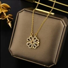 1pc New Style Heart-Linked Four-Leaf Clover Necklace, Foldable Heart Shape Fashion Choker Necklace, Suitable For Daily Wear