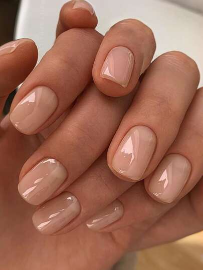 24pcs Short Square Shape Solid Color Press On Nails Set In Nude And Apricot Yellow Casual Style, Comes With 1 Nail File And 1 Jelly Glue Nail Supplies