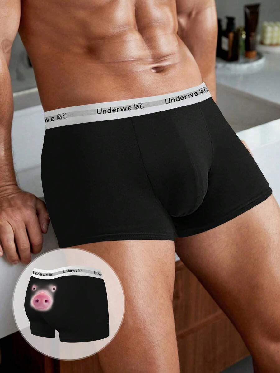Men's Black Sexy Breathable Stretchy Cute Pig Print Fashion Trunks - Black - View 1