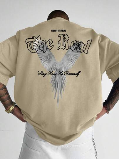 男士休闲标语和鸽子印花短袖圆领 T 恤，适合通勤、夏季、Emo