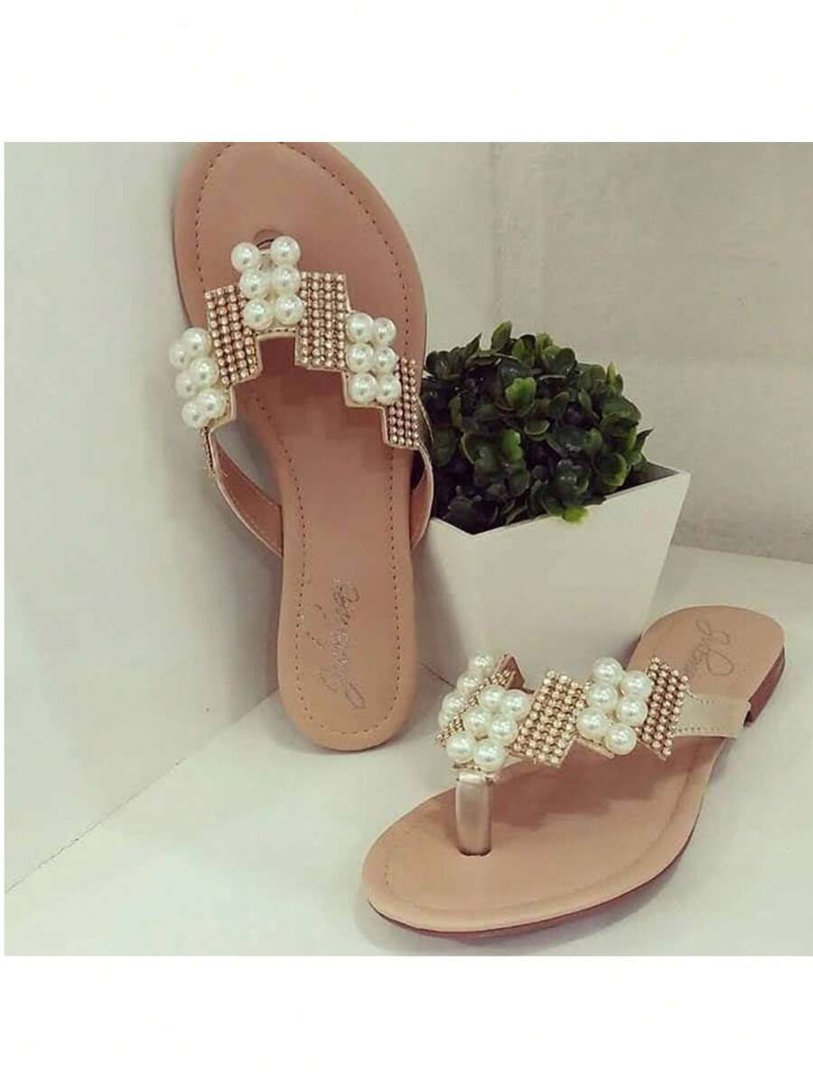 Sandalias rasteira femininas stras peroladas - Rosê - Visão 1