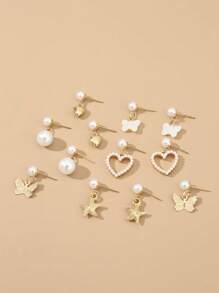 6 对心形和蝴蝶珍珠装饰耳环套装，适合女孩，日常时尚配饰 - 彩色 - 查看 4
