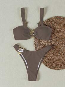 New Arrival Spring/Summer European And American Style Women's Solid Color Khaki Metal Decor Sexy Bikini Swimsuit Set, Suitable For Beach, Party, Date - Khaki - View 2