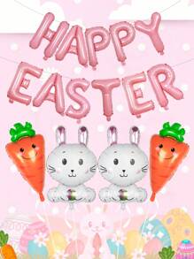 15-delige Happy Easter-ballonnenset, inclusief 16-inch letterballonnen, konijnen- en wortelfolieballonnen, geschikt voor paasdecoratie, paasthema, verjaardagsfeestdecoratie, lentefeestthema