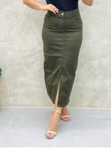 Saia Longa Jeans Moda Evangelica - Verde Militar - Visão 2