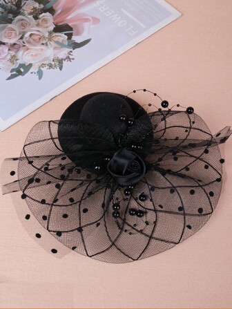 قبعة صغيرة سوداء للسيدات مزينة بشبكة اللؤلؤ السوداء وزهرة ، مناسبة لشهر رمضان أو عيد الأضحى، قطعة واحدة