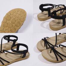 Sandalias planas elegantes y cómodas con diseño de tanga a rayas para mujer de talla grande, color negro, para el verano