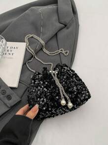 1pc Chain Drawstring Closure PVC Glitter Bucket Bag With Metal & Pearl Decor, Bling Glam Women Fashion Evening Party Shoulder Crossbody Cosmetic Clutch Gift