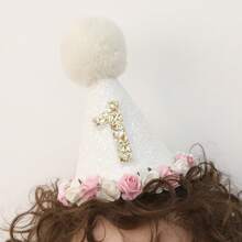 1pc Shiny Birthday Party Cone Hat With Floral Decor, Universal Celebration Headwear For Birthday And Festive Occasions, Photo Prop