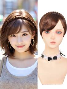 Peluca con diadema con trenza de tres mechones y flequillo lateral, cabello sintético liso para mujeres
