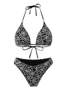 夏季、沙滩、度假欧美时尚修身露背钩针装饰吊带背心性感比基尼泳装