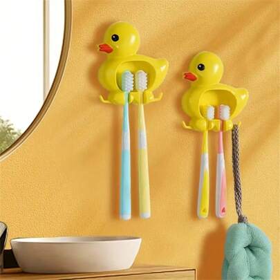 2pcs Cute Duck Design Wall Mounted Toothbrush Holder, Waterproof Plastic Bathroom Storage Organizer, Suction Cup No-Drill, Home Decor