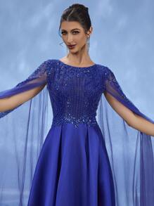 DELLA COUTURE Handmade Contrast Sequin Decorated Formal Gown, Elegant Fitted Robe, Suitable For Parties, Galas, Weddings And Other Formal Occasions, Ball Gown And Cocktail Dress, Party Dress, Wedding Guest Dress, Evening Dress - Blue - View 6