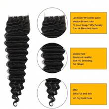 Extensões de Cabelo Humano Pacotes de Ondas Profundas com Fechamento, 3 Pacotes com Fechamento de Renda Transparente 4x4 Parte Livre, Pacotes de Cabelo Humano Onda Profunda com Fechamento
