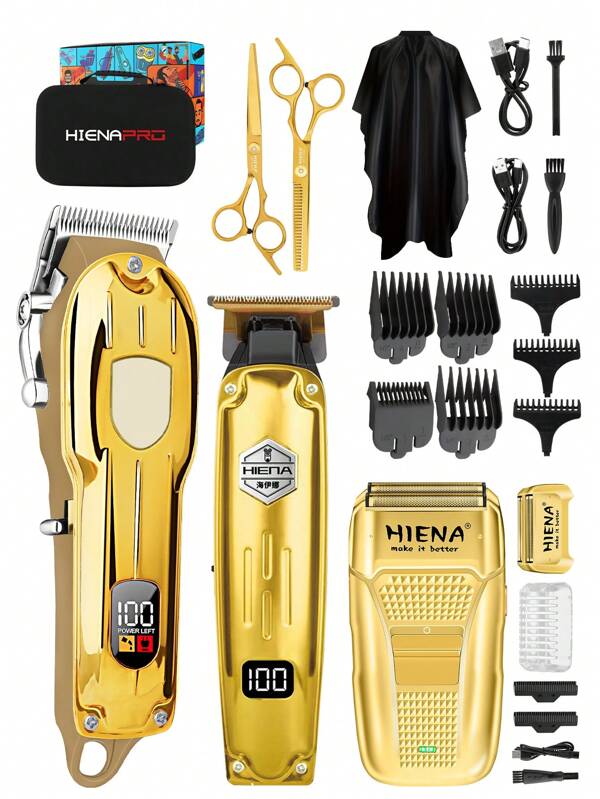 HIENA HIENA 1/2/3pcs, Professional Cordless Electric Hair Clipper Set, Designed For Barbers, USB Rechargeable, Multi-Functional For Various Hairstyles, Suitable For Home Use, Father's Day Gift (Gold)