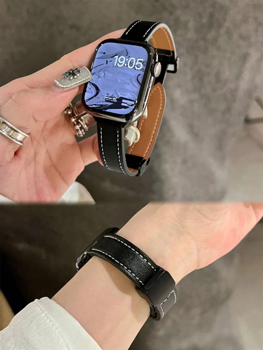 1条复古皮革磁吸表带,兼容38/40/41/42/44/45/46/49mm Ultra/Ultra2/SE/SE2/11/10/9/8/7/6/5/4/3/2/1等型号手表,适合作为返校礼物 - 黑色 - 查看 1