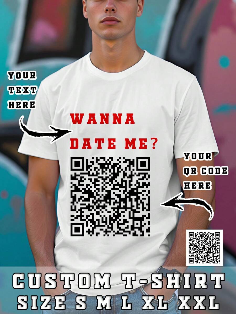 Men Custom QR Code Tops 3D QR Code Printed Spring Summer Fashion T-Shirts Personalized Fun Short Sleeve Custom Graphic Tees Wanna Date Me T-Shirt Wanna Marry Me Tee Holiday Gift, Anniversary Gift - White - View 1