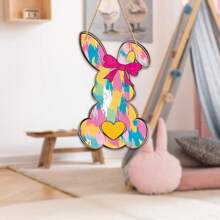 1pc Easter Bunny Wooden Pendant - Colorful Bunny Shape Design, Watercolor Rendering Love Bow Illustration Design, Country Home Decor, Suitable For Front Door, Porch, Living Room, Bedroom - Indoor/Outdoor Easter Decoration Gifts Birthday Graduation