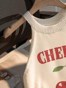 Nouveau Top pour femmes à col rond blanc avec motif imprimé de cerises pour le printemps et l'été. Simple et élégant, convient pour le travail. Top d'été pour femmes