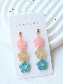 1 Pair Acrylic Bling Bling Flower Earrings In Sweet Pink, Yellow And Blue, Glittering Lovely Design, Suitable For Women As Party/Holiday Gift