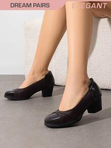 Women's  Chunky Low Block Pumps Closed Toe Shoes Comfortable Elegant Work Office Heels Round Toe Dress Shoes - 棕色 - 查看 2