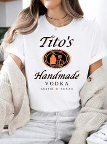 Shirt, Austin Texas Label Shirt, Vodka Alcohol Shirt, Tito'S Fan Gift, Loose Style For Women, Perfect For Holiday Parties & GiftGift For Her Letter Print Comfortable Pure Cotton Material Skin Friendly Soft And Cool Summer Women's T-Shirt - 白色 - 查看 1