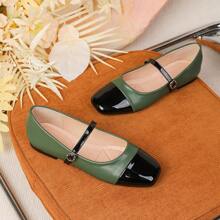 French Style Flat Mary Jane Shoes, Square Toe, Suited For Evenings, Spring Season - Dark Green - View 4