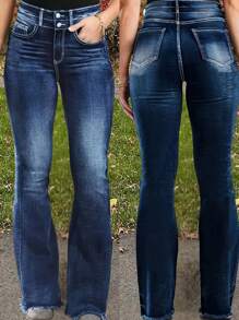Vintage Style Women's Oversized Straight Leg Jeans - 68.00% 26.00% Polyester 4.00% Viscose Blend, Solid Color, All-Season Casual Wear With Zipper Fly Closure - Navy Blue - View 1