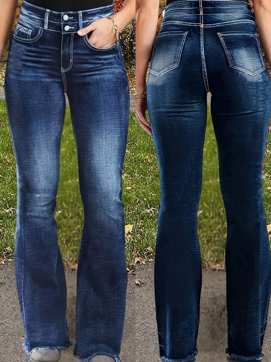 Vintage Style Women's Oversized Straight Leg Jeans - 68.00% 26.00% Polyester 4.00% Viscose Blend, Solid Color, All-Season Casual Wear With Zipper Fly Closure - Navy Blue - View 1