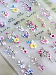 2 pezzi Adesivi per unghie floreali 5D colorati, con fantasia di fiori e foglie in rosa brillante, blu e sfumata, decorazione romantica per manicure fai-da-te, adatta per primavera-estate, con gel polish autoadesivo, decalcomanie e accessori per arte di unghie