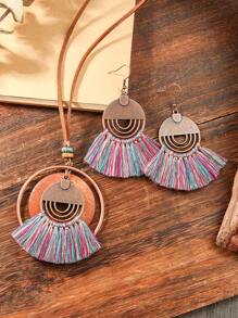 TopHanqi 3 件复古风格扇形几何流苏耳环项链套装，PU 皮革长项链，适合日常佩戴、派对、节日礼物