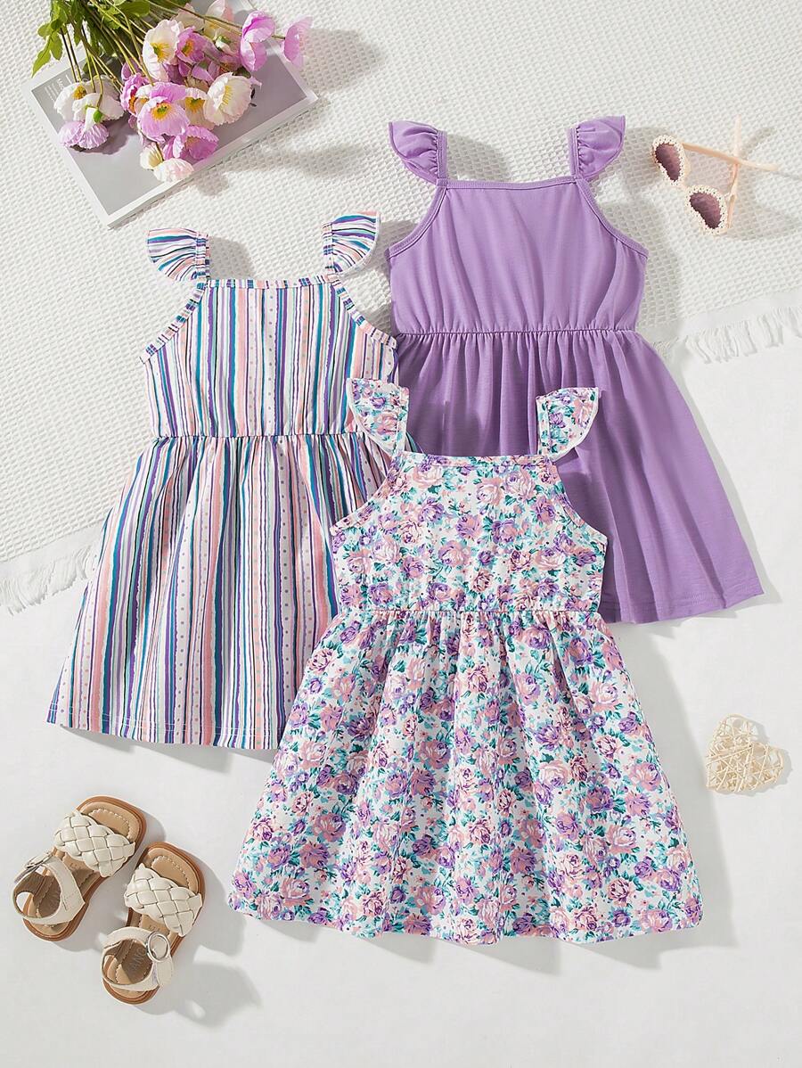 Set de 3 vestidos casuales sin mangas con escote cuadrado para niñas jóvenes
