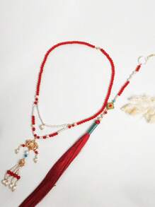 Retro Necklace, Long Style, Faux Pearl Accessory, Back Cloud Tassel Pendant Necklace,Ladies' Daily Party Accessories, Fashionable Jewelry, Best Friend Gifts - Red - View 3