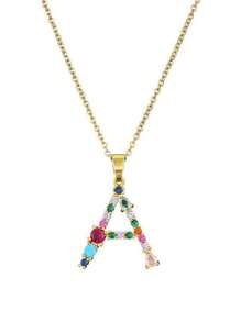 Women's Gold-Plated Stainless Steel Necklace, Colorful Copper Pendant, Luxury Jewelry, Designer Gift, 26 Letters
