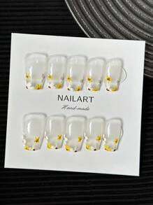 Paquete de 10 piezas Puntas de uñas transparentes con diseños florales pintados a mano en forma de ataúd francés, uñas postizas de cobertura completa brillantes DIY
